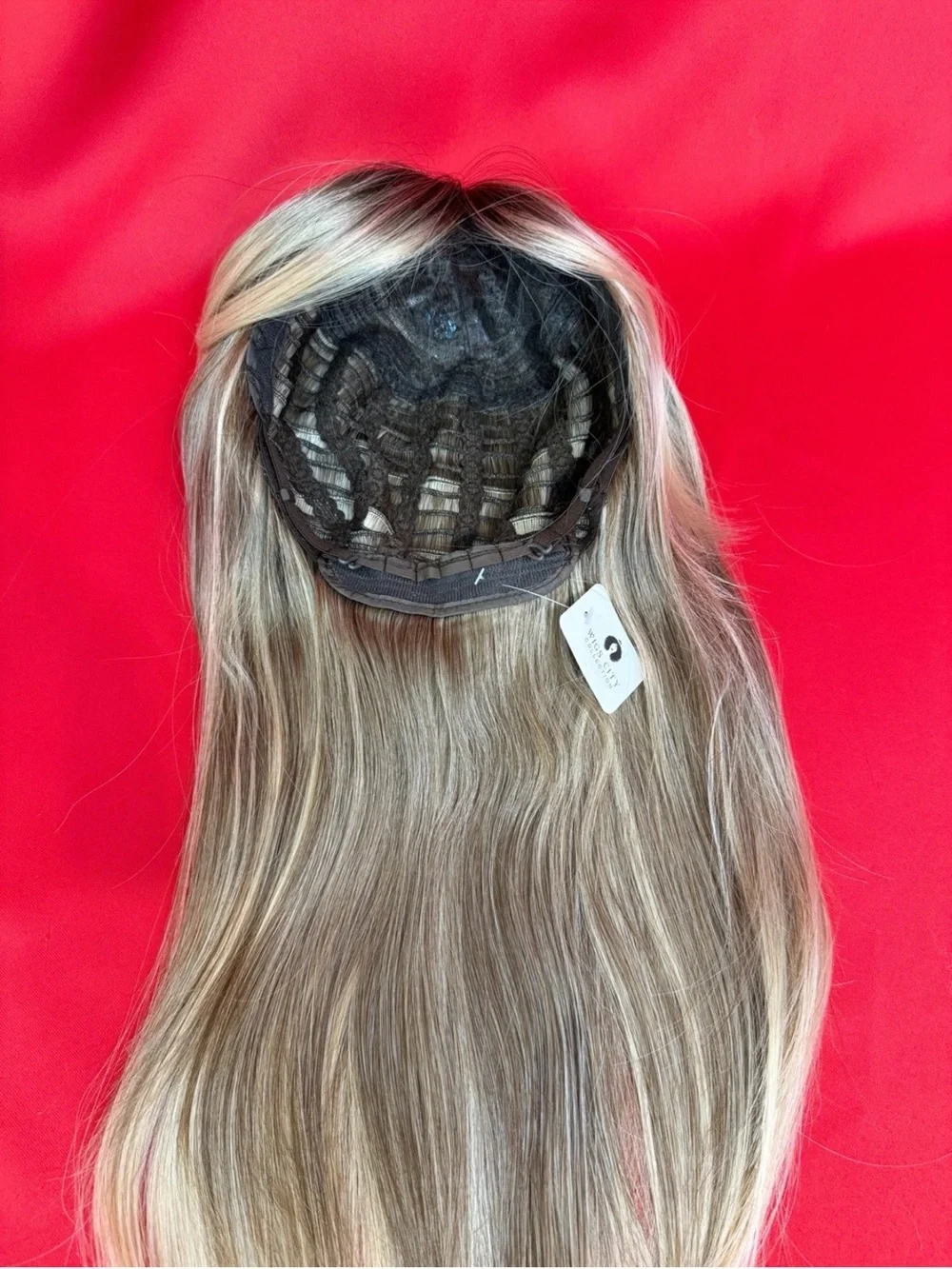 24” Human Hair Blend Blonde Balayage Darker Roots Women Wig Bangs Heat Resistant